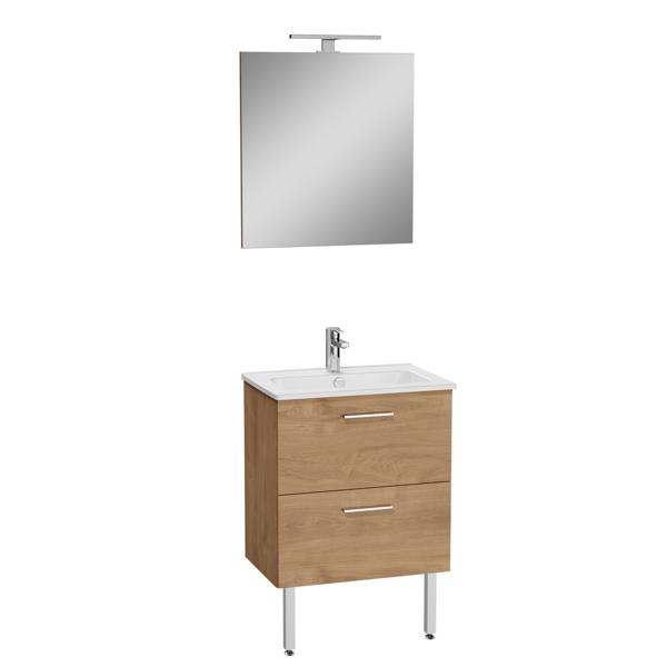 Meuble MIA 2 tiroirs plan céramique + miroir chêne 60x61x39cm