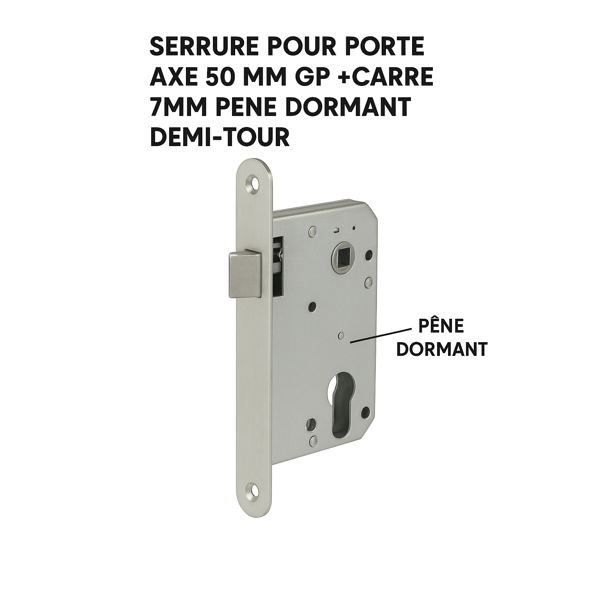 SERRURE POUR PORTE AXE 50 MM GP +CARRE 7MM PENE DORMANT DEMI-TOUR